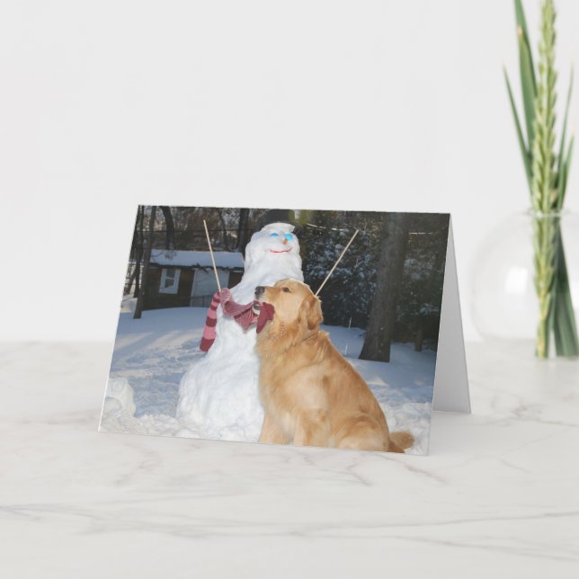 Golden Retriever Building Snowman for the Holidays Holiday Card (Front)