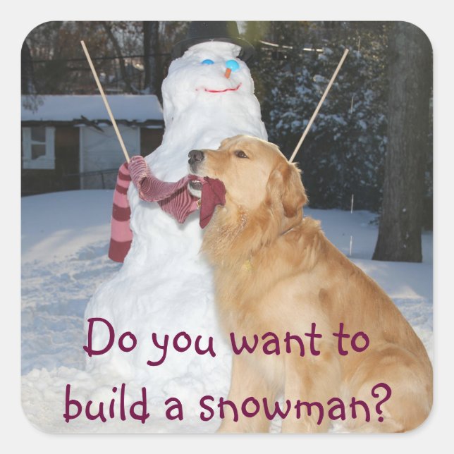 Golden Retriever Builds A Snowman Square Sticker (Front)
