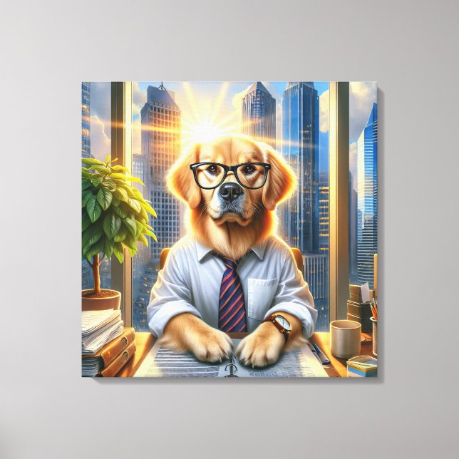 Golden Retriever Businessman In Office Canvas Print (Front)