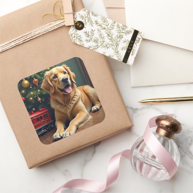 Golden Retriever by the Toy Train Christmas Square Sticker (Gifting)