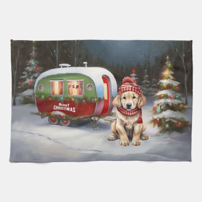 Golden Retriever Caravan Christmas Adventure Tea Towel (Horizontal)