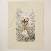 Golden Retriever Cat Floral Blanket