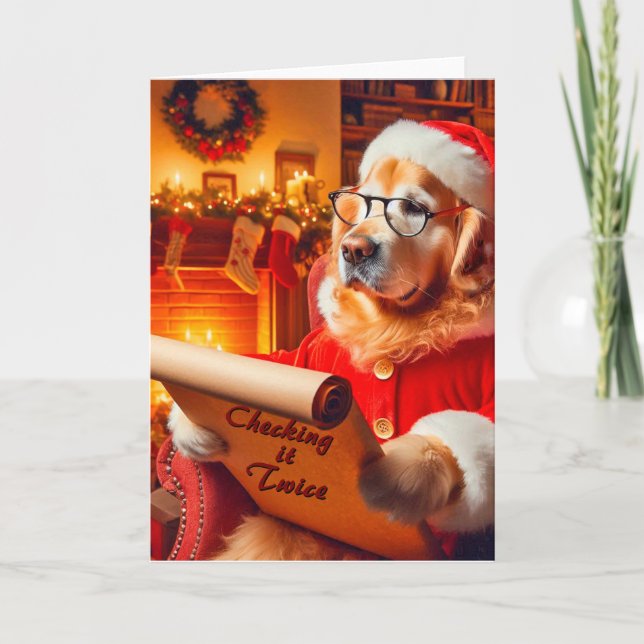 Golden Retriever Checking List Christmas Card (Front)