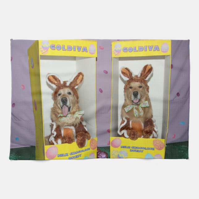 Golden Retriever Chocolate Rabbits in Boxes Tea Towel (Horizontal)