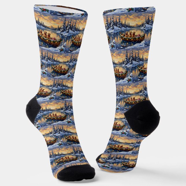 Golden Retriever Christmas Boat Holiday Socks (Angled)