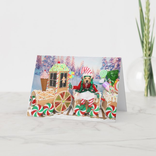 Golden Retriever Christmas Candy Train Holiday Card (Front)