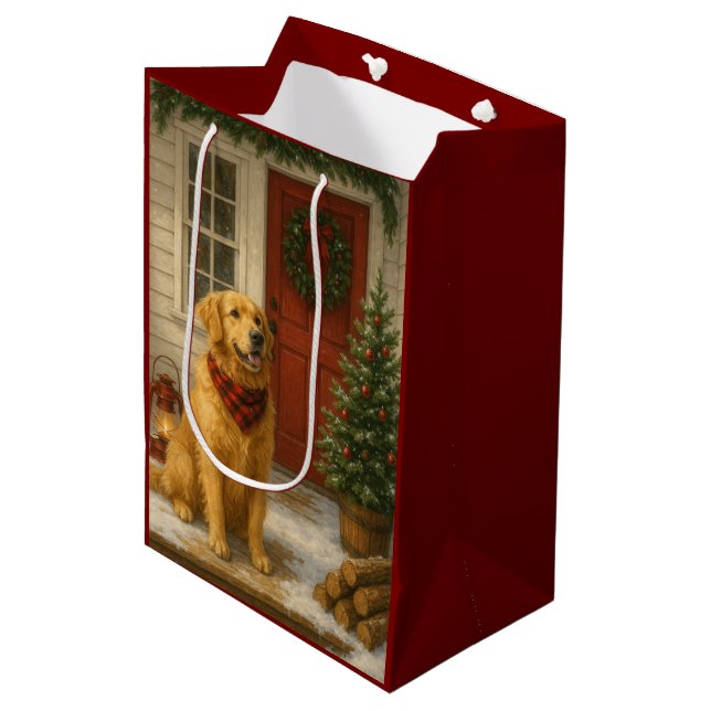 Golden Retriever Christmas Card Medium Gift Bag (Front Angled)