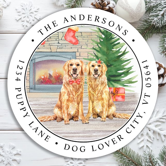 Golden Retriever Christmas Dog Return Address Classic Round Sticker (Creator Uploaded)