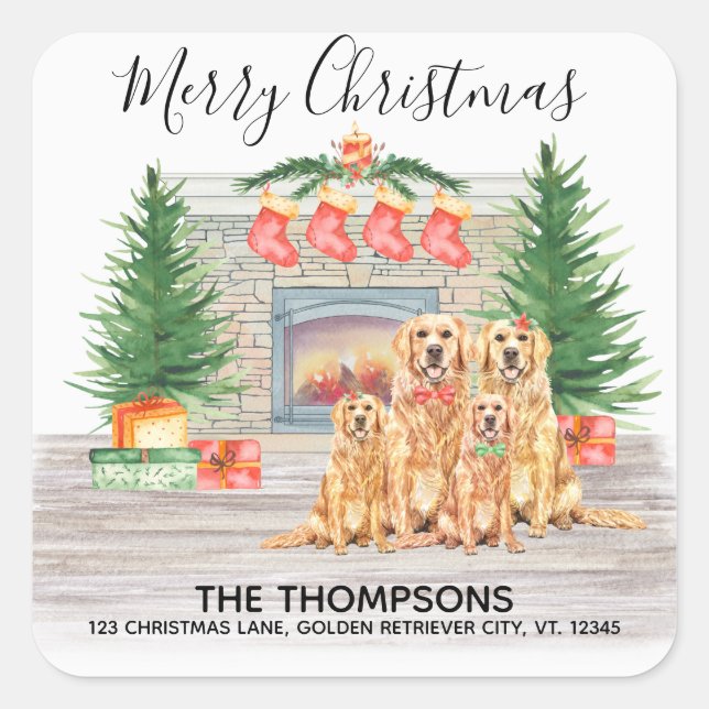Golden Retriever Christmas Dog Return Address Square Sticker (Front)