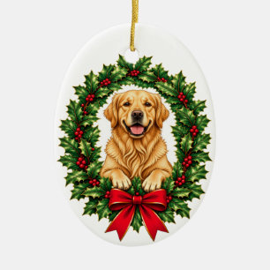 Golden Retriever Christmas Holly Wreath Ceramic Tree Decoration