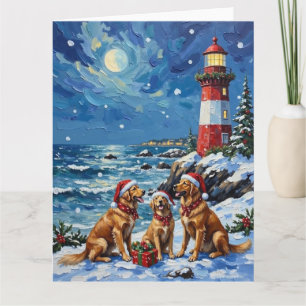 Golden Retriever Christmas Lighthouse Holiday Card