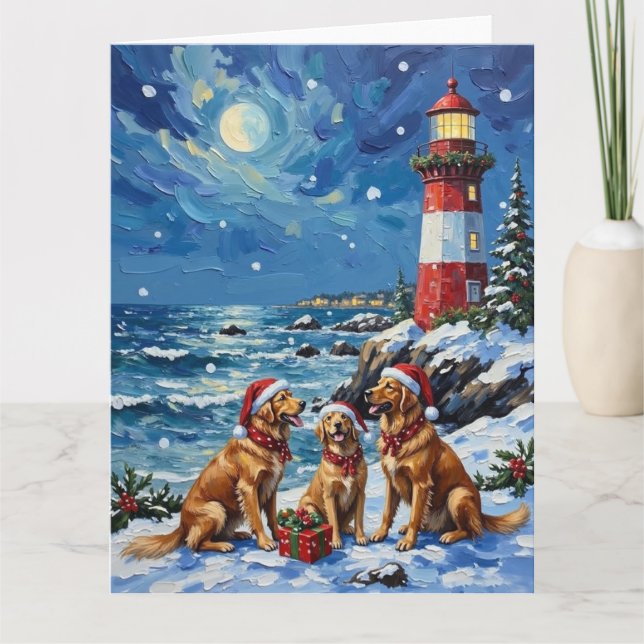 Golden Retriever Christmas Lighthouse Holiday Card (Front)