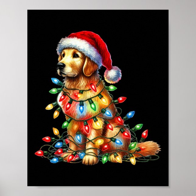 Golden Retriever Christmas Lights Santa Hat Dog Lo Poster (Front)