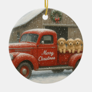 Golden Retriever Christmas Puppies in Old Truck Ceramic Tree Decoration