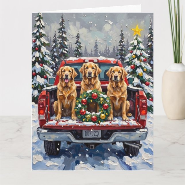 Golden Retriever Christmas Red Truck Holiday Card (Front)