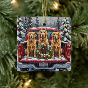 Golden Retriever Christmas Red Truck Holiday Ceramic Ornament