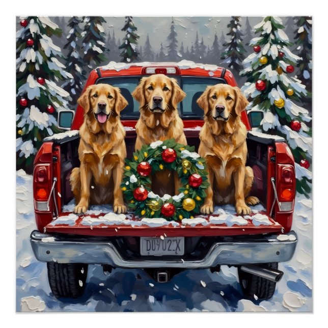 Golden Retriever Christmas Red Truck Holiday Poster (Front)