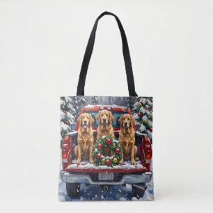 Golden Retriever Christmas Red Truck Holiday Tote Bag