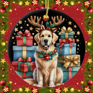 Golden Retriever Christmas Reindeer Antlers Gifts Ceramic Tree Decoration