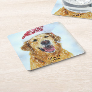 Golden Retriever, Christmas Santa hat Custom Text Square Paper Coaster