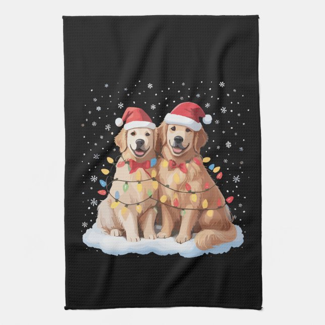 Golden Retriever Christmas Santa Hat Reindeer  Tea Towel (Vertical)
