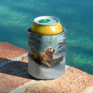 Golden Retriever Christmas snow winter Can Cooler