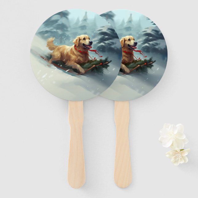 Golden Retriever Christmas snow winter  Hand Fan (Front and Back)