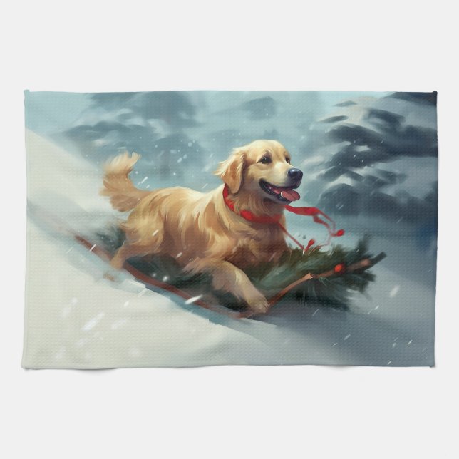 Golden Retriever Christmas snow winter  Tea Towel (Horizontal)