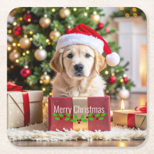 Golden Retriever Christmas Square Paper Coaster