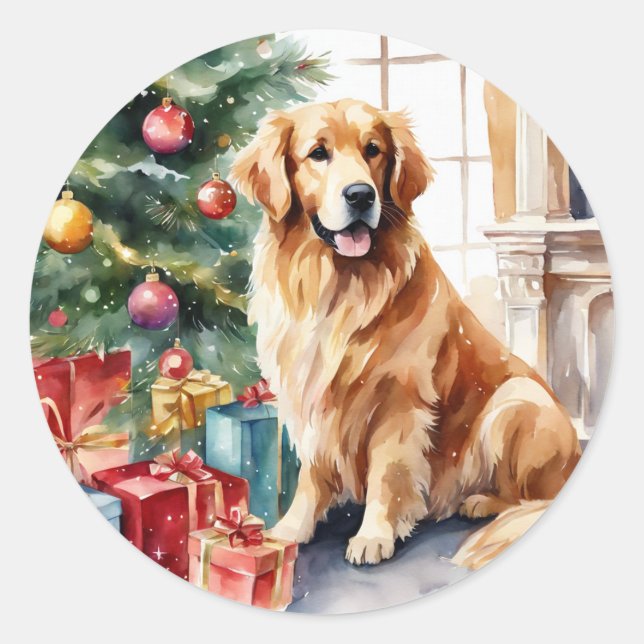 Golden Retriever Christmas Watercolor Classic Round Sticker (Front)