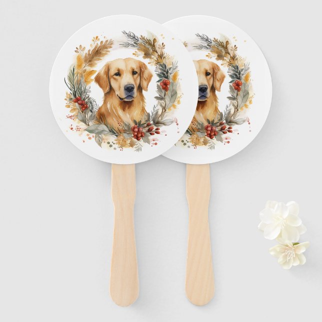 Golden Retriever Christmas Wreath Festive Pup Hand Fan (Front and Back)