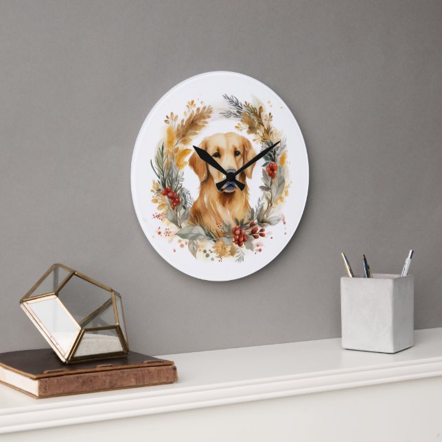 Golden Retriever Christmas Wreath Festive Pup Large Clock (Office)
