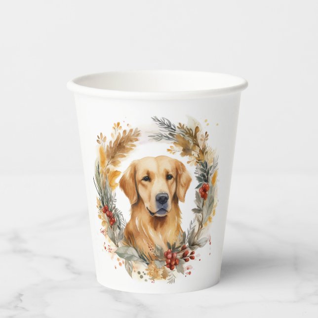 Golden Retriever Christmas Wreath Festive Pup Paper Cups (Front)