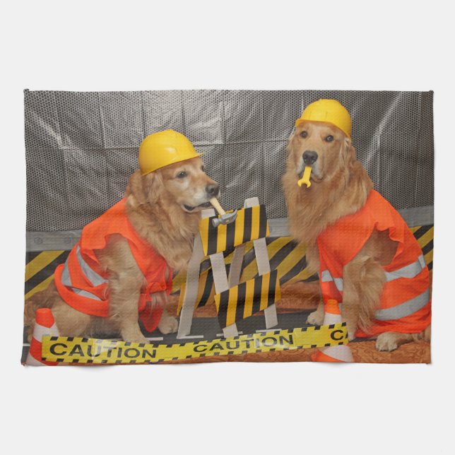 Golden Retriever Construction Workers Tea Towel (Horizontal)