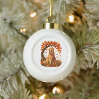 Golden Retriever Cosy Autumn Thanksgiving Ceramic Ball Christmas Ornament