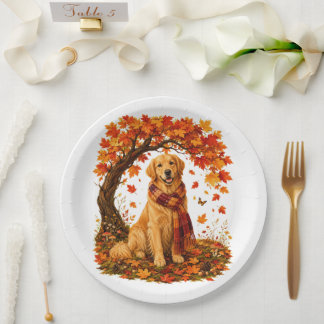 Golden Retriever Cosy Autumn Thanksgiving Paper Plate