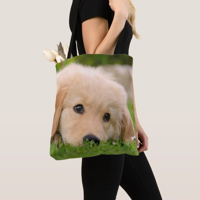 Golden Retriever Cute Puppy Dog Photo - on Shopper Tote Bag (Close Up)