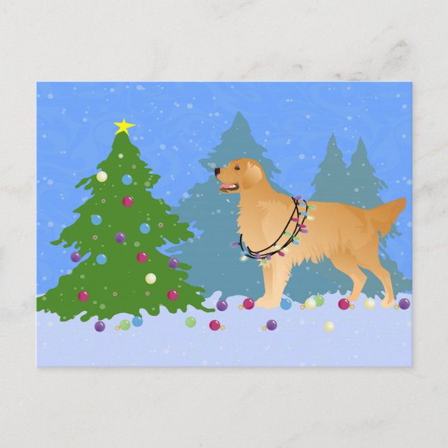 Golden Retriever Decorating Christmas Tree Holiday Postcard (Front)