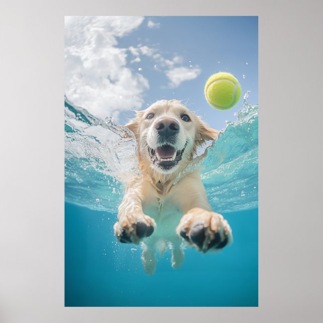 Golden Retriever Diving Tennis Ball Underwater Poster (Front)