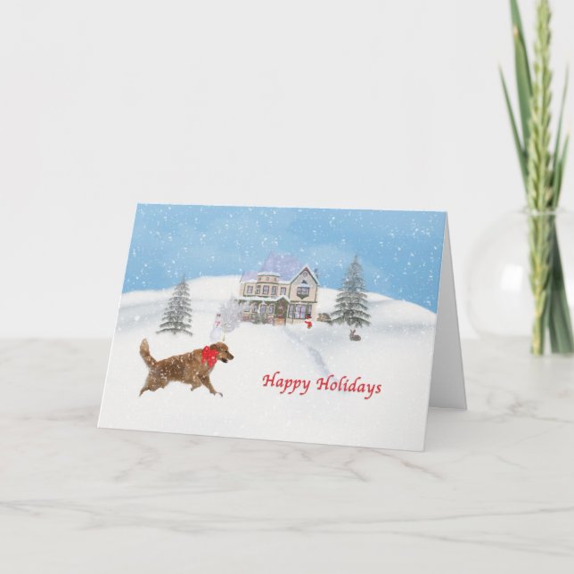 Golden Retriever Dog and Christmas Snow Holiday Card (Front)
