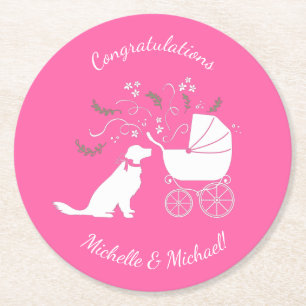 Golden Retriever Dog Baby Shower Pink Girl Round Paper Coaster