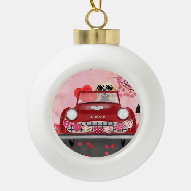 Golden Retriever Dog Car with Hearts Valentine's   Ceramic Ball Christmas Ornament (Front)
