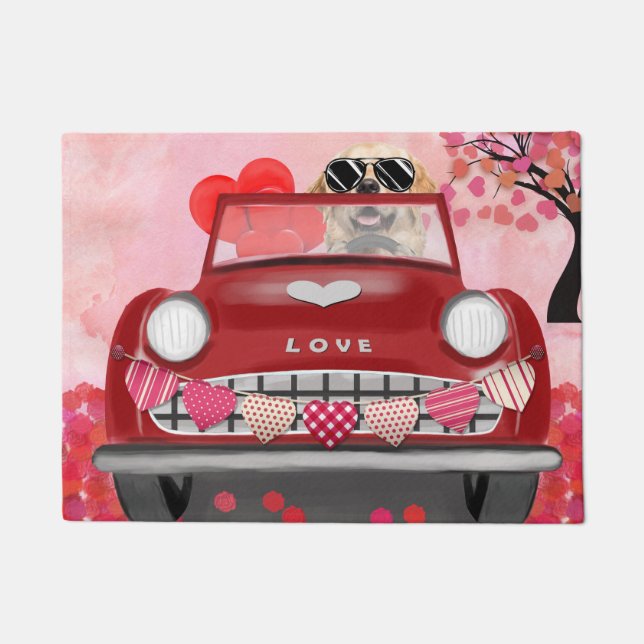Golden Retriever Dog Car with Hearts Valentine's   Doormat (Front)