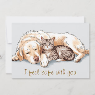 Golden Retriever Dog Cat Cuddling Holiday Card