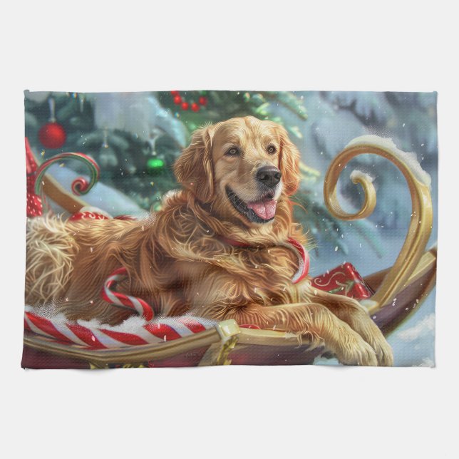 Golden Retriever Dog Christmas Festive  Tea Towel (Horizontal)