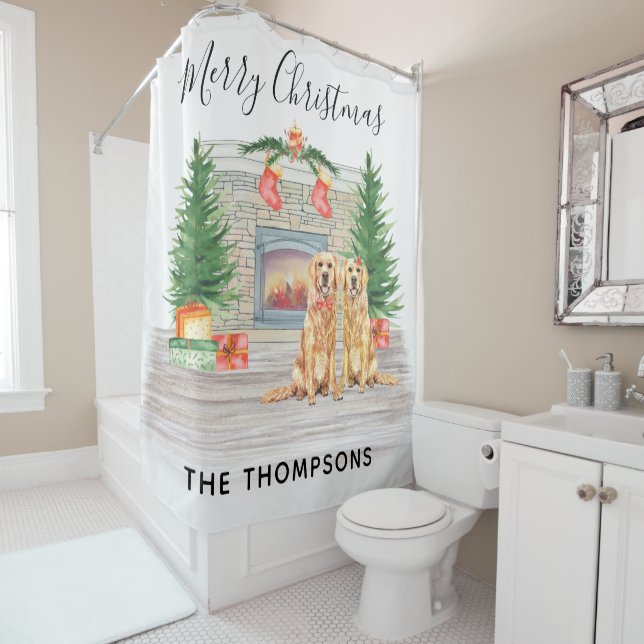 Golden Retriever Dog Christmas Fireplace Scene Shower Curtain (In Situ)