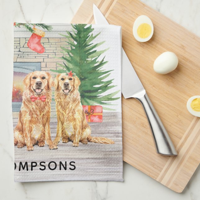 Golden Retriever Dog Christmas Fireplace Scene Tea Towel (Quarter Fold)