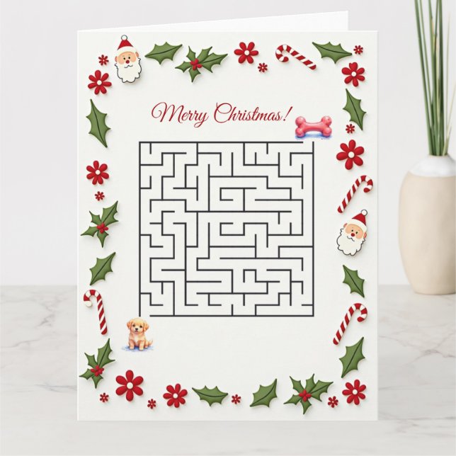 Golden Retriever Dog Christmas Maze Puzzle Holiday Card (Front)