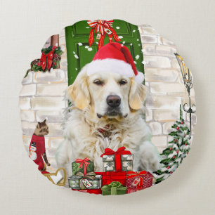 Golden Retriever Dog Christmas  Round Cushion