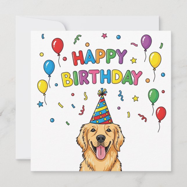 Golden Retriever Dog Doodle Happy Birthday Card (Front)